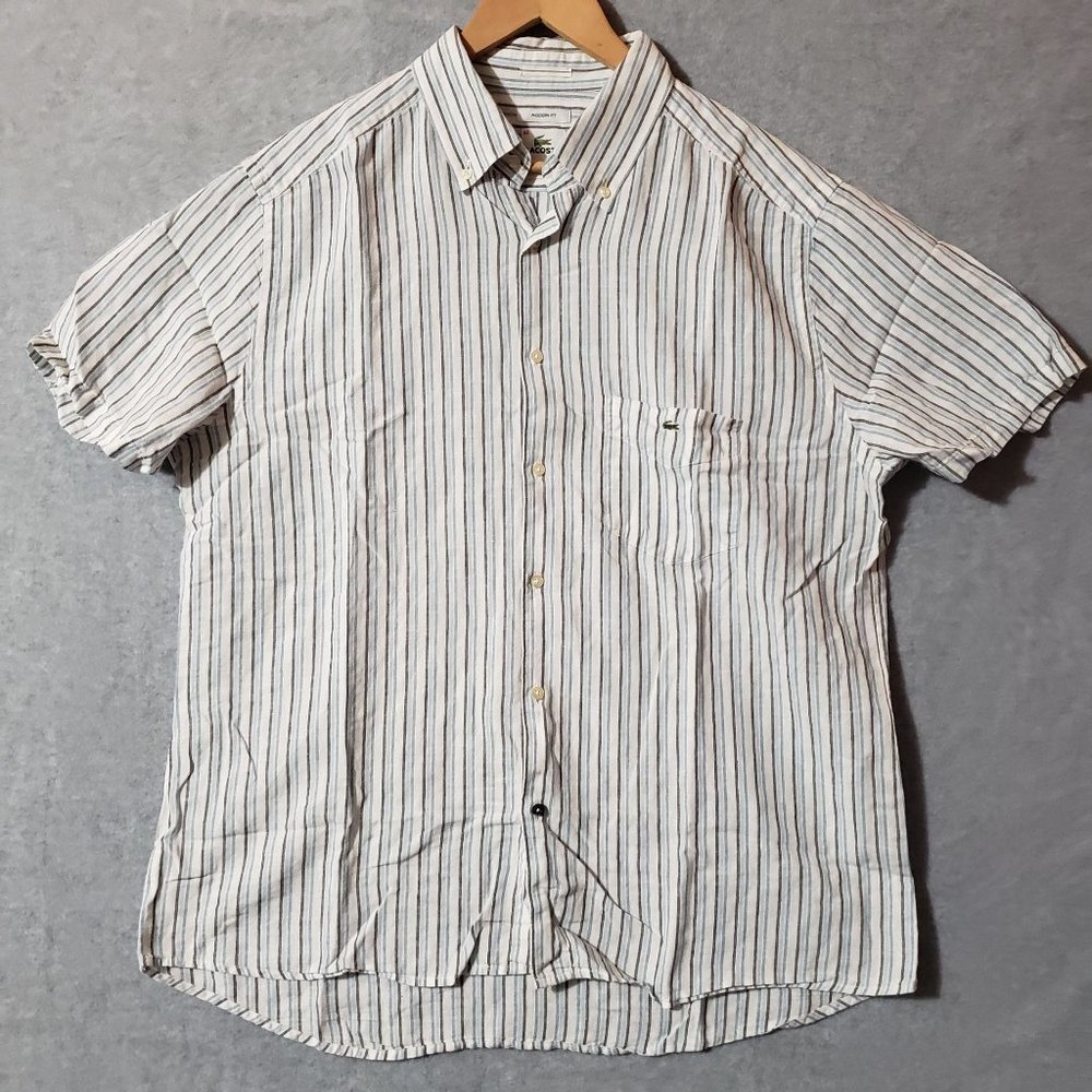 🚫SOLD🚫LACOSTE modern fit linen blend stripped button down shirt mens size